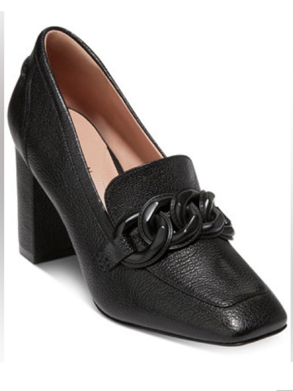Cole Haan Black Leather Chain-Detail Block Heel Loafer